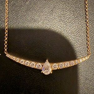 14K Gold Diamond Bar Necklace Pear Shape Center ~1.15 CTW